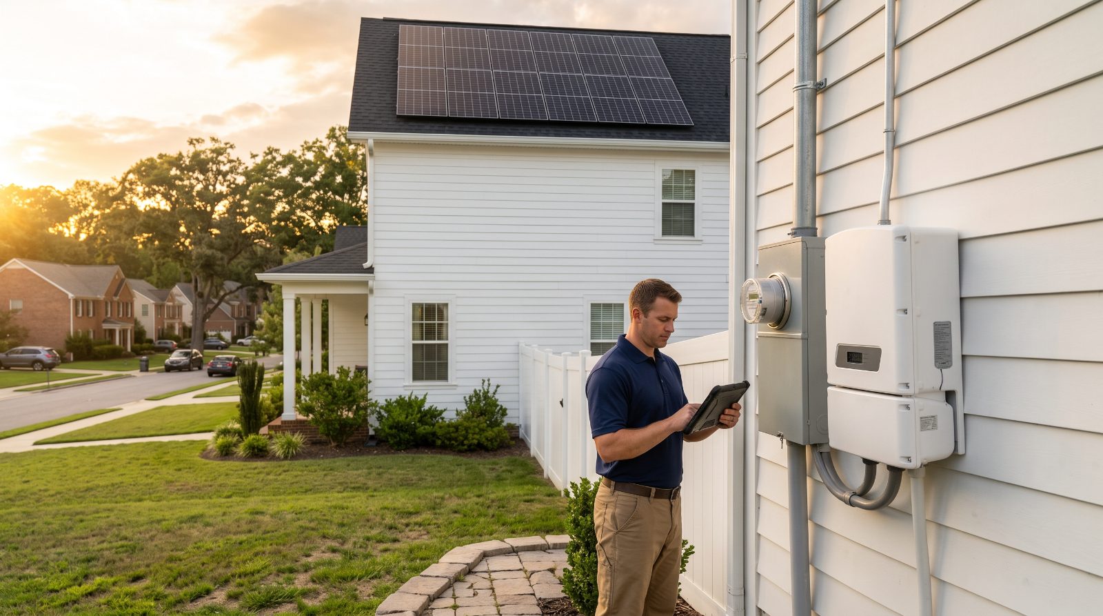 Solar technician inspecting a rooftop SolarEdge inverter to verify warranty status